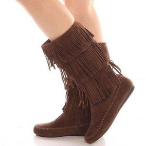 Candice-48 3-Layer Fringe Moccasin Flat Boots NWOT